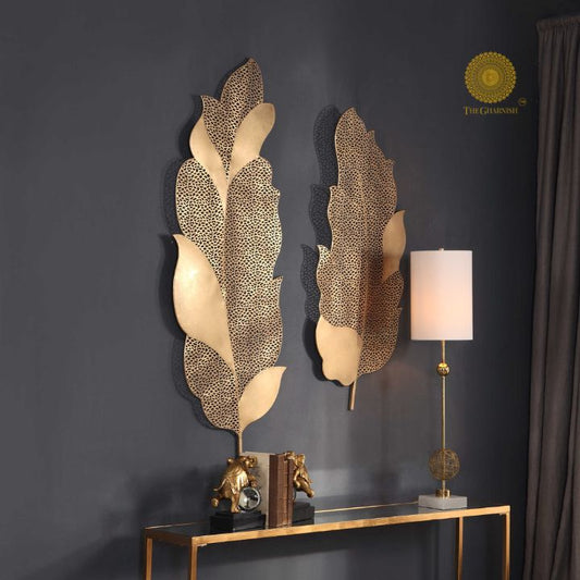 2 Metallic Jalidaar Leaves Wall Art - The Gharnish - A Unit of Satkala Creations