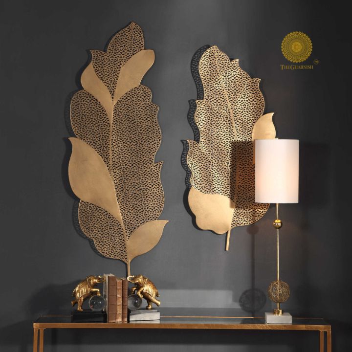 2 Metallic Jalidaar Leaves Wall Art - The Gharnish - A Unit of Satkala Creations