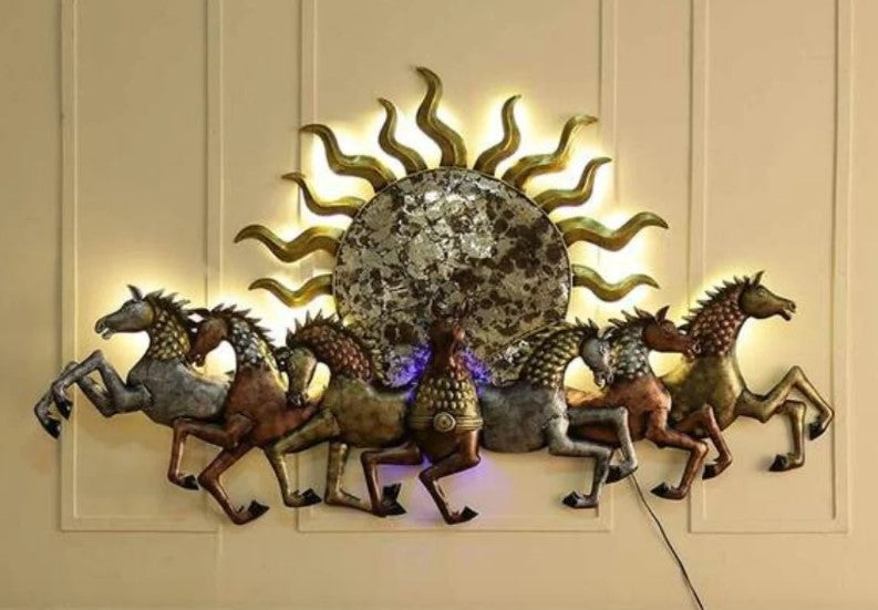 Seven horse wall art with sun design by The Gharnish, 56x33 inches, featuring a vibrant and detailed horse and sun scene.