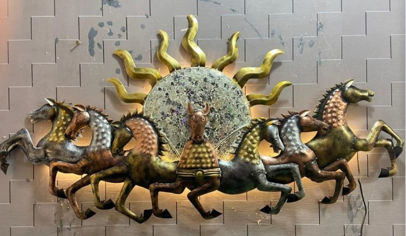 Seven horses with sun wall art by The Gharnish, large 56x33 inch decorative wall art featuring horse silhouettes and sun design.