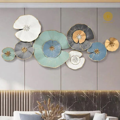 Metallic flower wall art by The Gharnish, 48x24 inches, showcasing eight intricate floral metal designs on a wall.