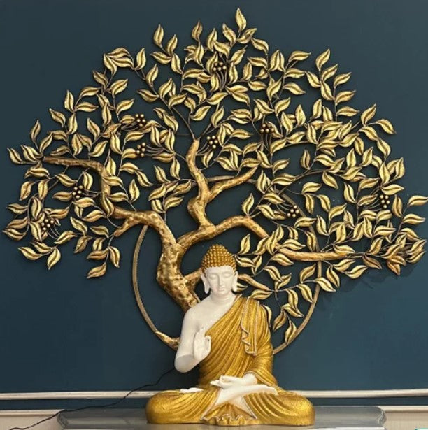 Decorative metallic wall tree art with LED lights, 54x48 inches, by The Gharnish, featuring intricate leaf and branch design.