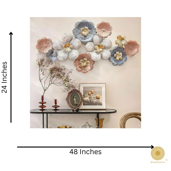 Elegant multicolor metallic flower wall art by The Gharnish, 48x24 inches, featuring vibrant floral metal wall decor for modern interiors.