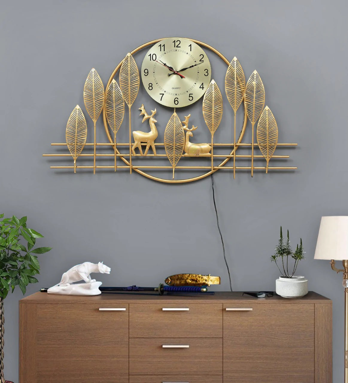 Metallic Dear and Leaf Wall Clock (48x25 Inches) - The Gharnish - A Unit of Satkala Creations
