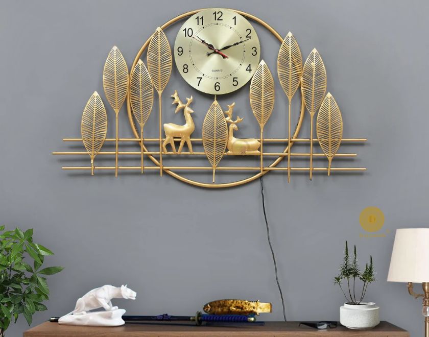 Metallic Dear and Leaf Wall Clock (48x25 Inches) - The Gharnish - A Unit of Satkala Creations