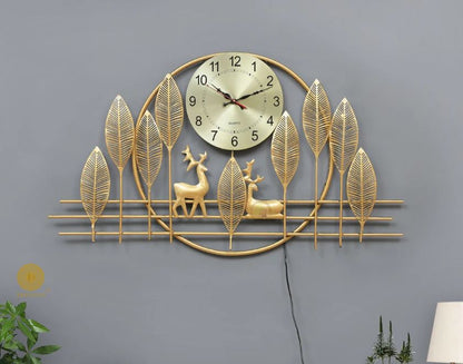 Metallic Dear and Leaf Wall Clock (48x25 Inches) - The Gharnish - A Unit of Satkala Creations
