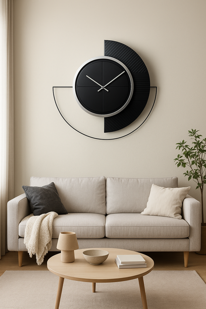 Modern Fusion Half-Moon Wall Clock by The Gharnish, featuring a sleek contemporary design and minimalist time display.