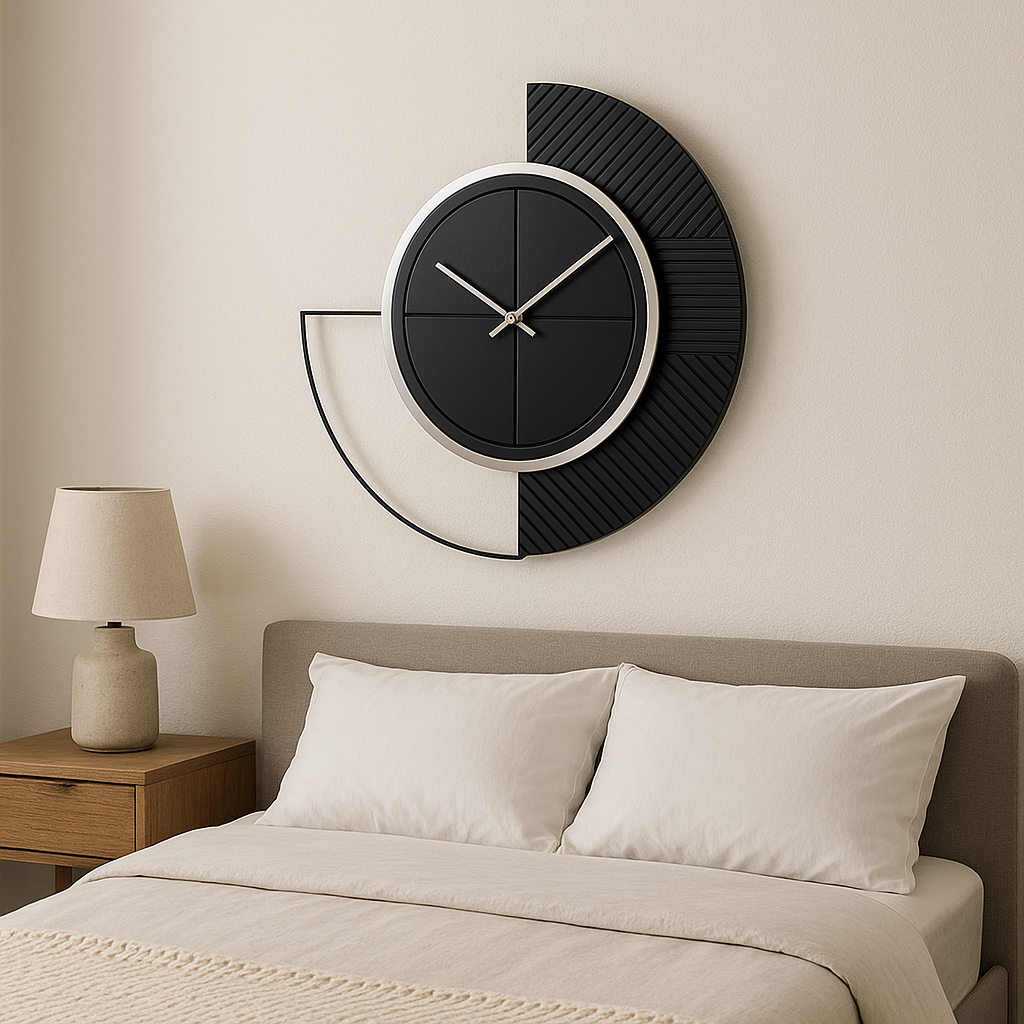 Modern Fusion Half-Moon Wall Clock by The Gharnish, featuring a stylish half-moon shape and contemporary design for wall decor.
