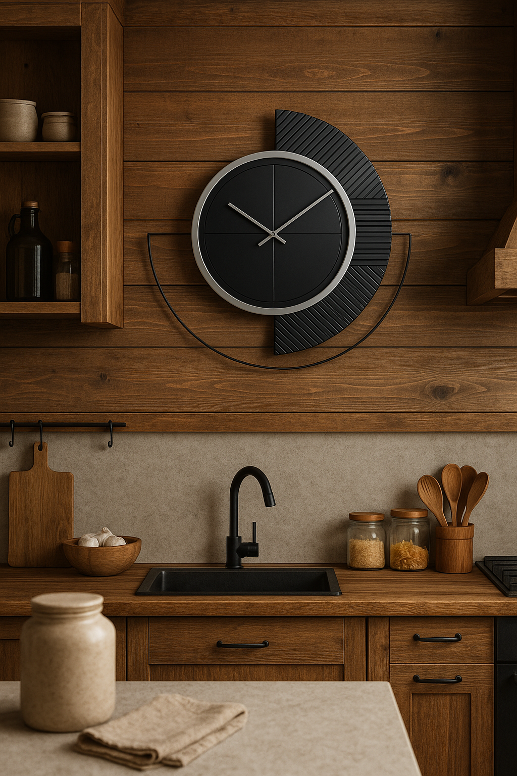 Modern Fusion Half-Moon Wall Clock by The Gharnish, featuring a sleek, contemporary design with a half-moon shape and minimalist style.