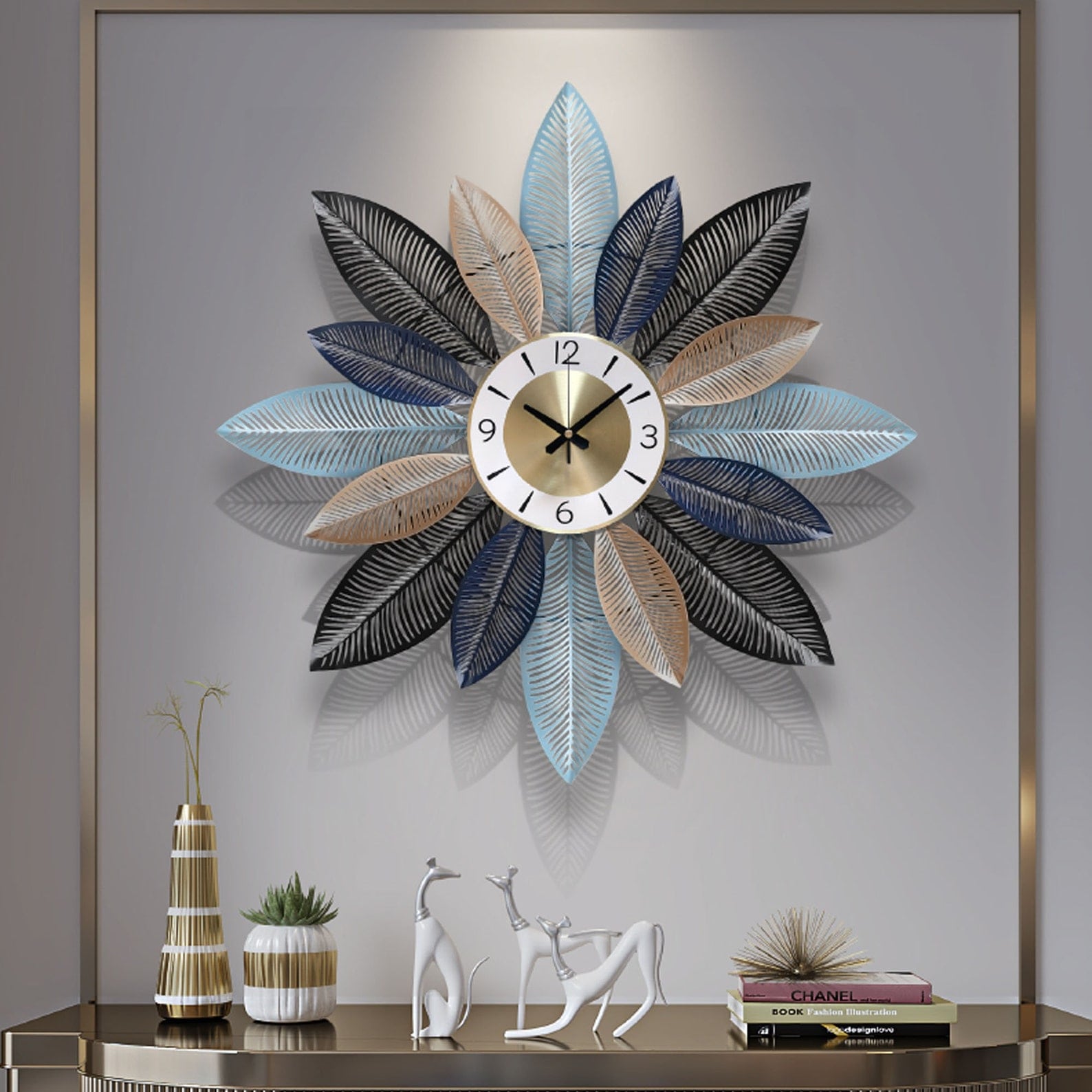 Multicolor leafy metallic wall clock by The Gharnish, 30 inches, featuring a vibrant, nature-inspired design with leaf motifs.