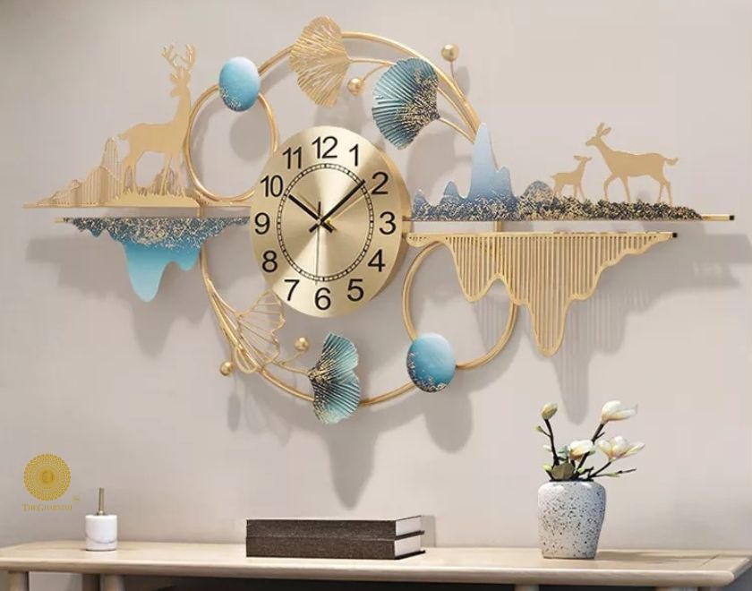 The Gharnish Time And Nature wall clock, 48x24 inches, featuring a nature-inspired design with black and white clock face and large numerals.