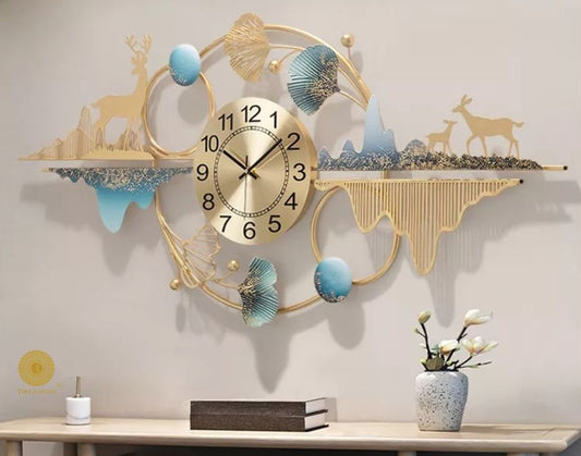 The Gharnish Time And Nature wall clock, 48x24 inches, featuring a nature-inspired design with black and white clock face and large numerals.