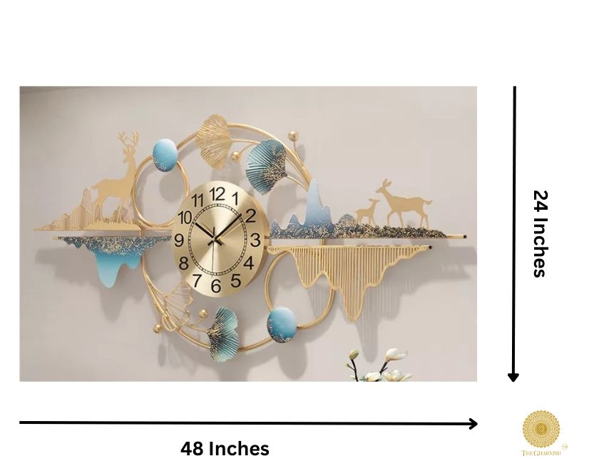 The Gharnish Time and Nature Wall Clock, 48x24 inches, displays a natural-themed design with large black numerals on a white background.