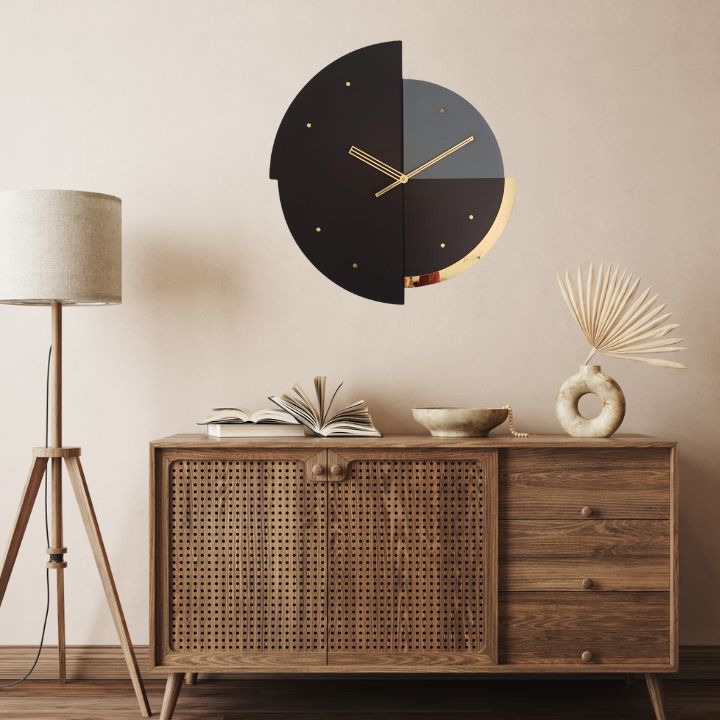 Modern Geometric Wall Clock – Black, Grey & Gold Accent | Minimalist Home Decor - The Gharnish - A Unit of Satkala Creations