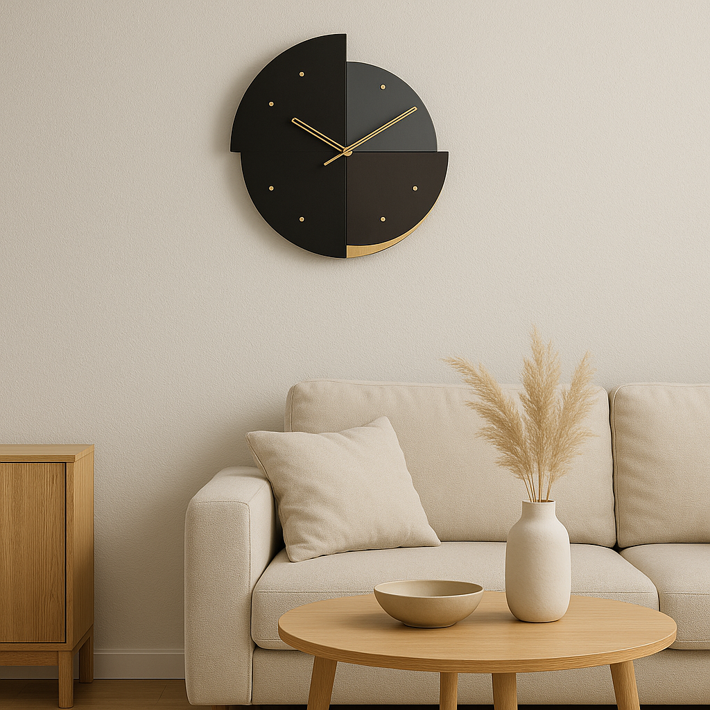 Modern Geometric Wall Clock – Black, Grey & Gold Accent | Minimalist Home Decor - The Gharnish - A Unit of Satkala Creations