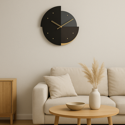 Modern Geometric Wall Clock – Black, Grey & Gold Accent | Minimalist Home Decor - The Gharnish - A Unit of Satkala Creations