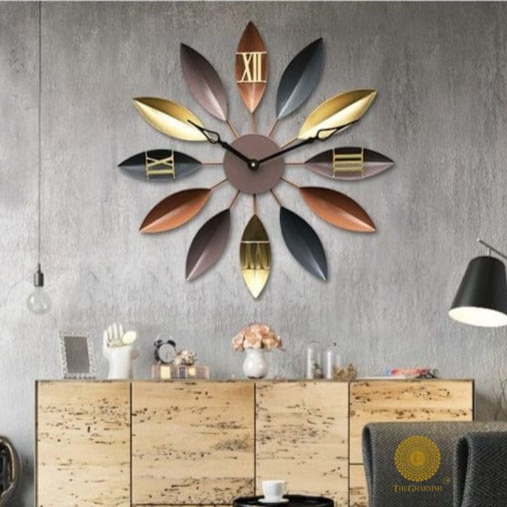 Multicolor metallic flower wall clock by The Gharnish, 30-inch decorative wall clock with vibrant floral design.