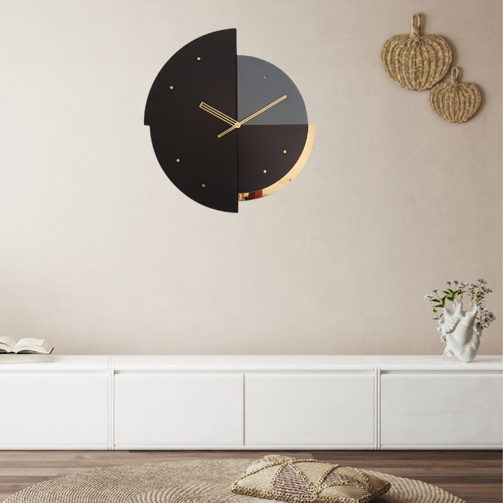 Modern Geometric Wall Clock – Black, Grey & Gold Accent | Minimalist Home Decor - The Gharnish - A Unit of Satkala Creations