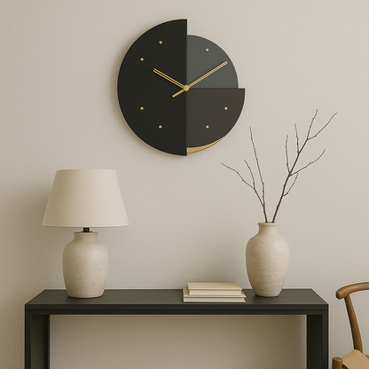 Modern Geometric Wall Clock – Black, Grey & Gold Accent | Minimalist Home Decor - The Gharnish - A Unit of Satkala Creations