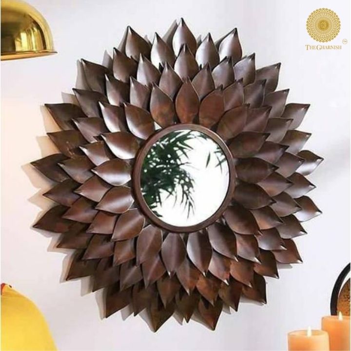 Dark brown Beautify Sunflower Wall Mirror by The Gharnish, 30-inch diameter decorative wall mirror with sunflower design.