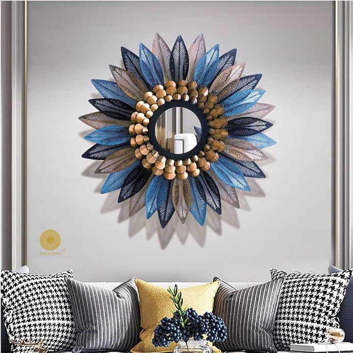 Beautiful sunflower decorated wall mirror by The Gharnish, 30-inch diameter, featuring a floral sunflower design on a round mirror.