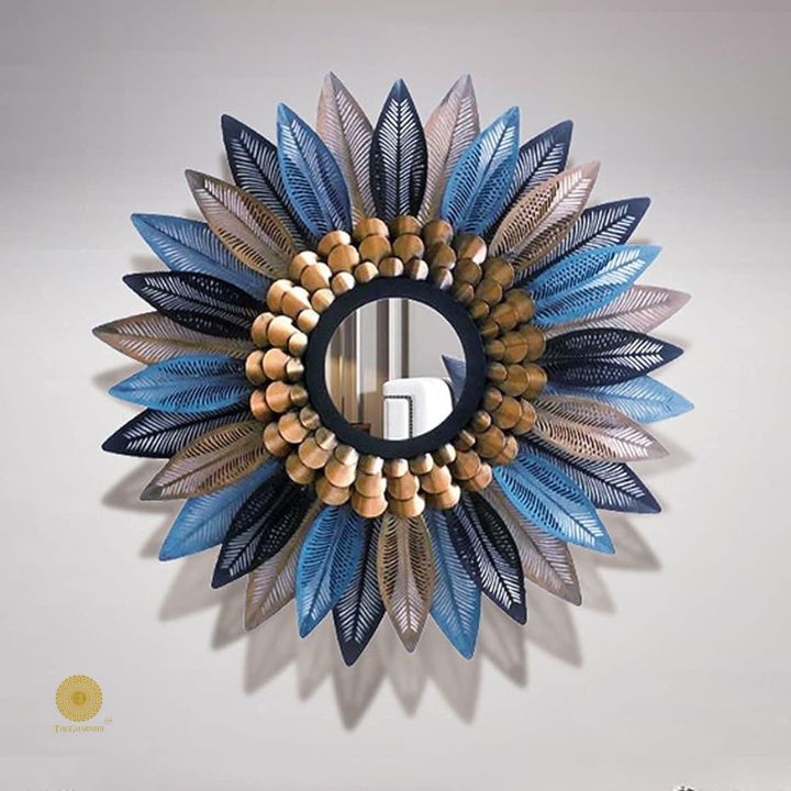 Beautiful sunflower decorated wall mirror by The Gharnish, 30-inch diameter, with a floral sunflower frame and reflective glass surface.