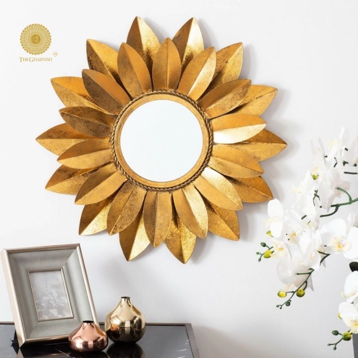 Designer Sunflower Wall Mirror by The Gharnish, 24-inch round decorative mirror with sunflower frame for stylish home decor
