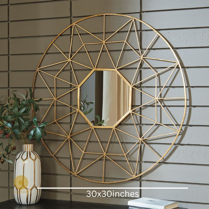 Geometrical designed wall mirror by The Gharnish, 30-inch diameter, decorative wall mirror with modern geometric patterns.