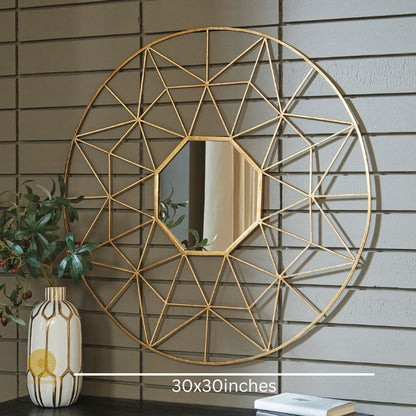 Geometrical designed wall mirror by The Gharnish, 30-inch diameter, decorative wall mirror with modern geometric patterns.
