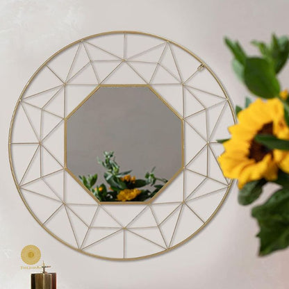 Geometrical designed wall mirror by The Gharnish, 30-inch diameter decorative mirror with modern geometric frame style.