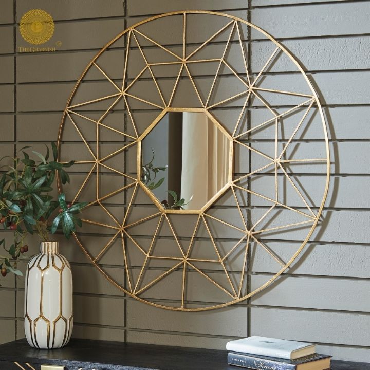Geometrical designed wall mirror by The Gharnish, 30-inch diameter decorative mirror with modern geometric frame.