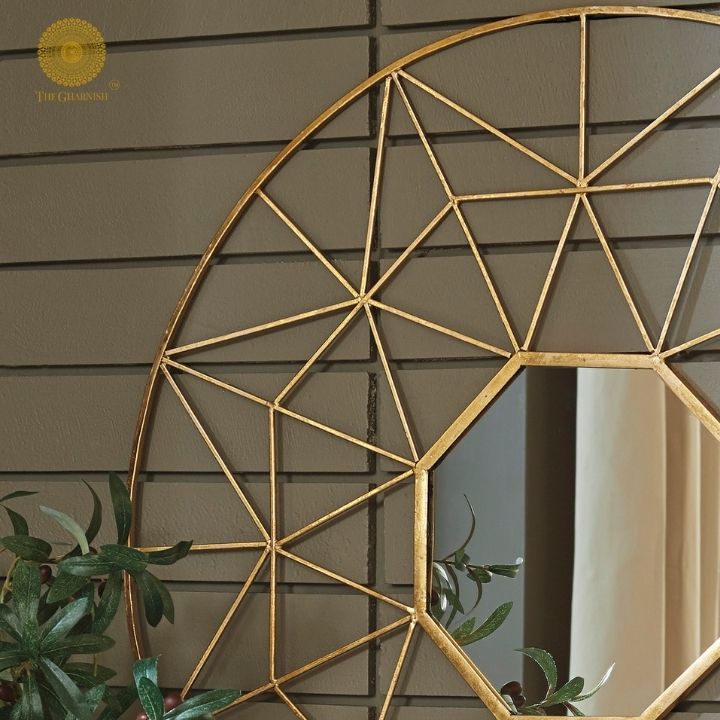 Geometrical designed wall mirror by The Gharnish, 30-inch diameter, featuring modern geometric frame, decorative wall decor.