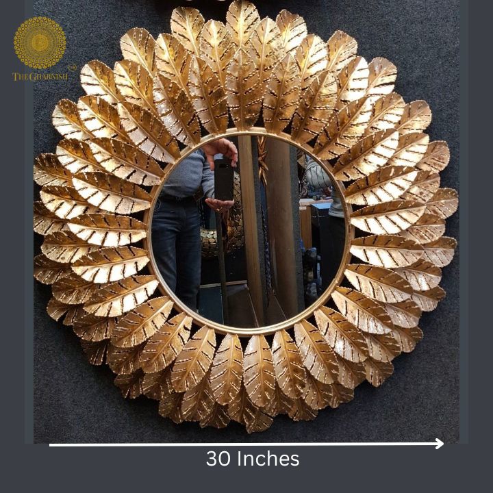 Leaf Frame Metallic Wall Mirror (30 Inches Dia) - The Gharnish - A Unit of Satkala Creations