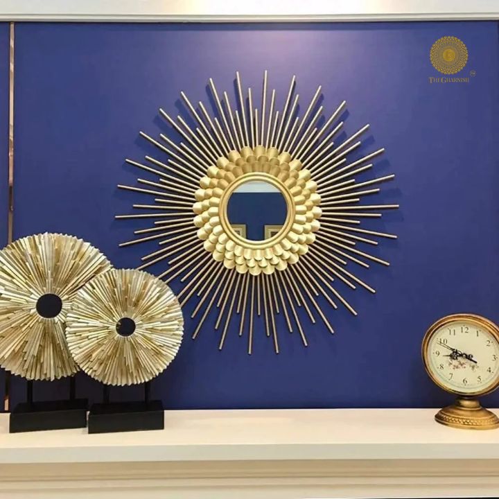 Plated Sun Rays metallic wall mirror by The Gharnish, 30-inch round decorative mirror with sunburst design and metallic finish.