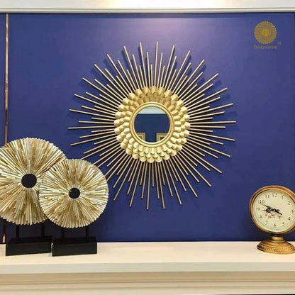 Plated Sun Rays metallic wall mirror by The Gharnish, 30-inch round decorative mirror with sunburst design and metallic finish.
