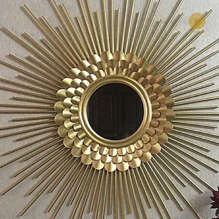 Plated Sun Rays metallic wall mirror by The Gharnish, 30-inch round decorative mirror with sunburst design and metallic finish.
