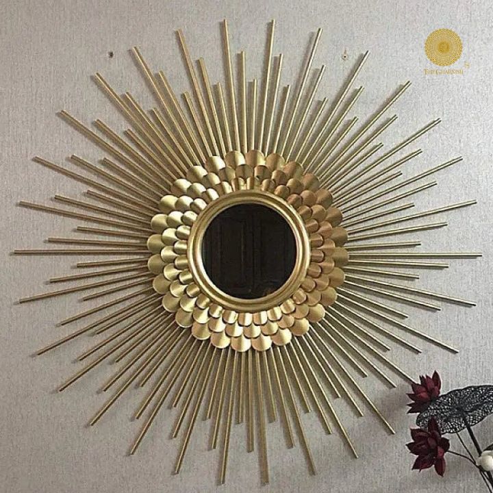 Plated Sun Rays metallic wall mirror by The Gharnish, 30-inch round decorative mirror with sunburst design and gold finish.