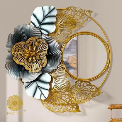 Single flower wall mirror by The Gharnish, 32-inch round wall mirror with floral design, decorative and functional home decor piece.