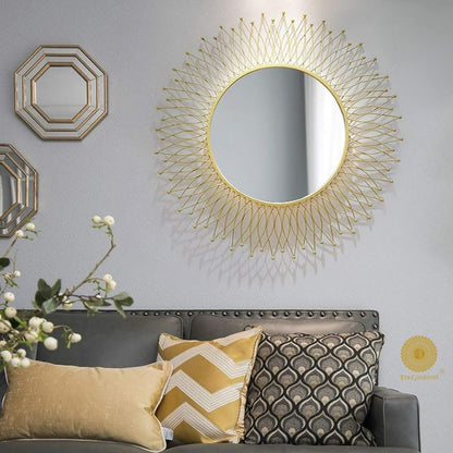 Sticks Leaf Round Metallic Wall Mirror (30 Inches Dia) - The Gharnish - A Unit of Satkala Creations
