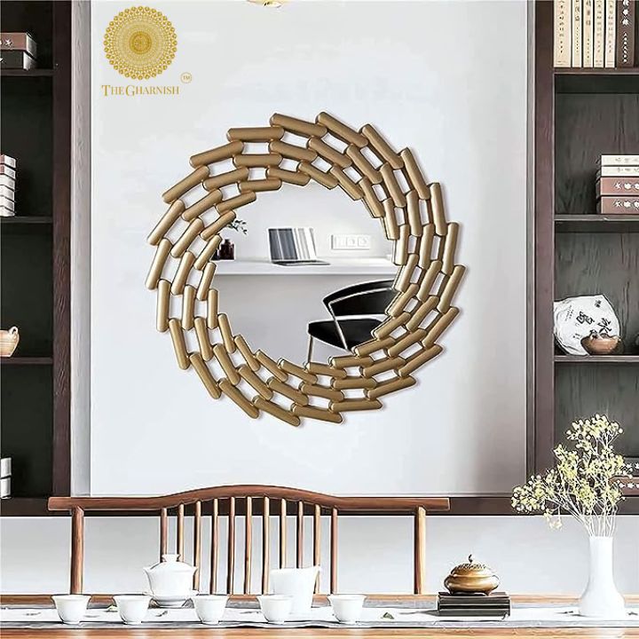 The Gharnish Infinity Wall Mirror with 30-inch diameter, sleek round design reflecting a modern home interior.