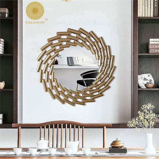 The Gharnish Infinity Wall Mirror with 30-inch diameter, sleek round design reflecting a modern home interior.