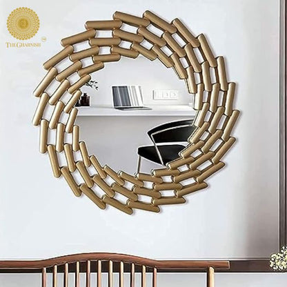 The Gharnish Infinity Wall Mirror, 30-inch diameter, round mirror with sleek frame hanging on a modern wall.
