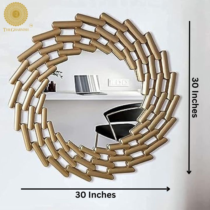 The Gharnish Infinity Wall Mirror, 30-inch diameter, modern round mirror with sleek frame mounted on a wall.