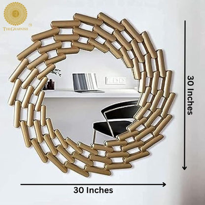 The Gharnish Infinity Wall Mirror, 30-inch diameter, modern round mirror with sleek frame mounted on a wall.