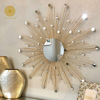 30-inch silver wall mirror with sprinkled rays design by The Gharnish, featuring a round shape and reflective surface.