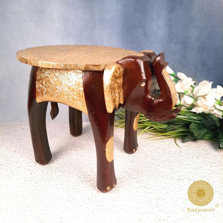 Rajasthani wooden elephant stool with brass plating, decorative wooden decor piece showcasing intricate craftsmanship.