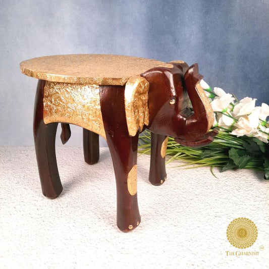Rajasthani wooden elephant stool with brass plating, decorative wooden decor piece showcasing intricate craftsmanship.