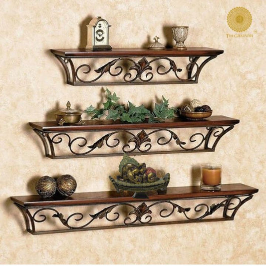 Wood and iron wall shelves from The Gharnish, featuring rustic wooden decor and sturdy metal brackets for stylish storage.