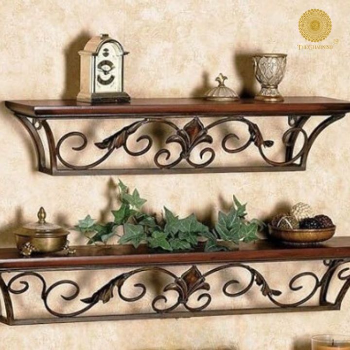 Wood and iron wall shelves by The Gharnish, featuring rustic wooden planks and black iron brackets for stylish wall decor.