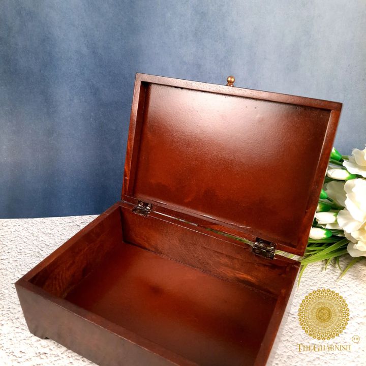 Multicolor wooden jewelry box with intricate decor design, handcrafted by The Gharnish, featuring multiple compartments and a polished finish.